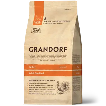 0,4кг Корм GRANDORF CAT Turkey&Rice STERILISED низкозерновой для стерилизованных кошек с индейкой и рисом