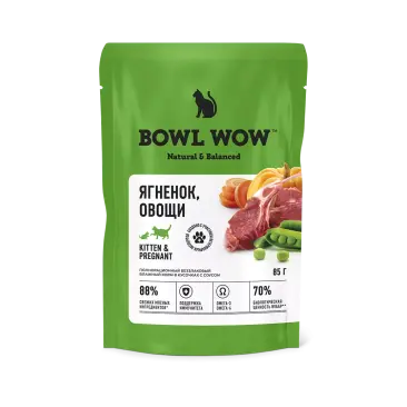 85г Влажный корм Bowl Wow для котят и беременных кошек кусочки с Ягнёнком и Овощами в соусе