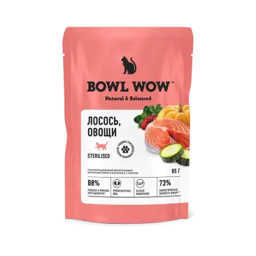 85г Влажный корм Bowl Wow для стерилизованных кошек кусочки с Лососем и Овощами в соусе
