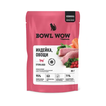 85г Влажный корм Bowl Wow для стерилизованных кошек кусочки с Индейкой и Овощами в желе