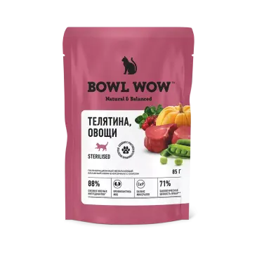 85г Влажный корм Bowl Wow для стерилизованных кошек кусочки с Телятиной и Овощами в соусе