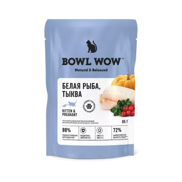 85г Влажный корм Bowl Wow для котят и беременных кошек кусочки Белой рыбы с Тыквой в соусе