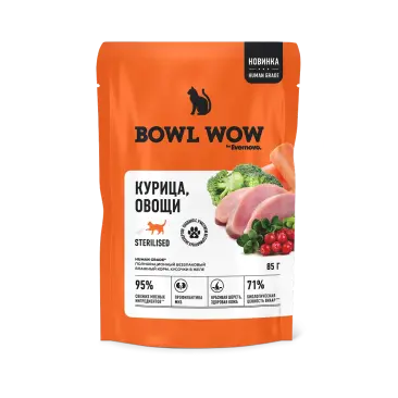 85г Влажный корм Bowl Wow для стерилизованных кошек кусочки с Курицей и Овощами в желе