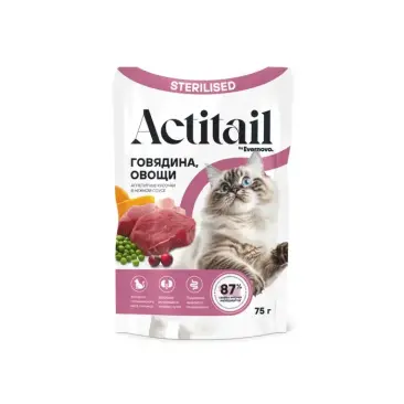 75г Влажный корм Actitail STERILISED для стерилизованных кошек кусочки с Говядиной и Овощами в соусе