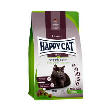 1,3кг Корм Happy Cat Sterilised Weide-Lamm 37/10,5 для кастрированных котов и стерилизованных кошек с пастбищным Ягненком и птицей