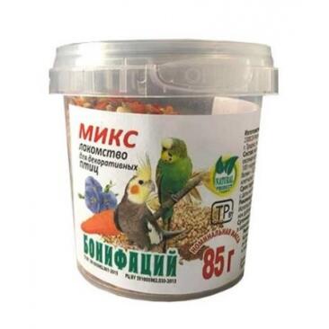 85г Лакомства БОНИФАЦИЙ для попугаев с Овсяной крупой, Канареечным семенем, Льном и Морковью
