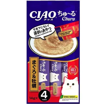 4*14г Лакомство-пюре INABA Ciao Churu для кошек с Желтопёрым Тунцом и Устрицами
