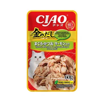 60г Влажный корм INABA Ciao Kinnodashi для кошек с Тунцом Магуро, Тунцом Кацуо и Сёмгой