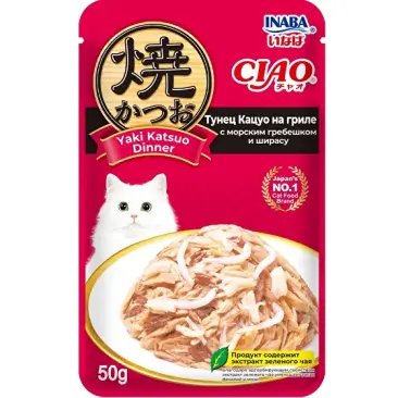 50г Влажный корм INABA Ciao Yaki Katsuo для кошек Тунец Кацуо на гриле с Морским гребешком и Ширасу в соусе