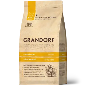 Корм в развес GRANDORF CAT 4 Meat PROBIOTIC STERILISED низкозерновой для стерилизованных кошек с пробиотиками и 4 вида мяса, 1кг