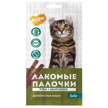 5г*3шт Лакомство Мнямс для кошек Лакомые палочки из Цыпленка и Утки