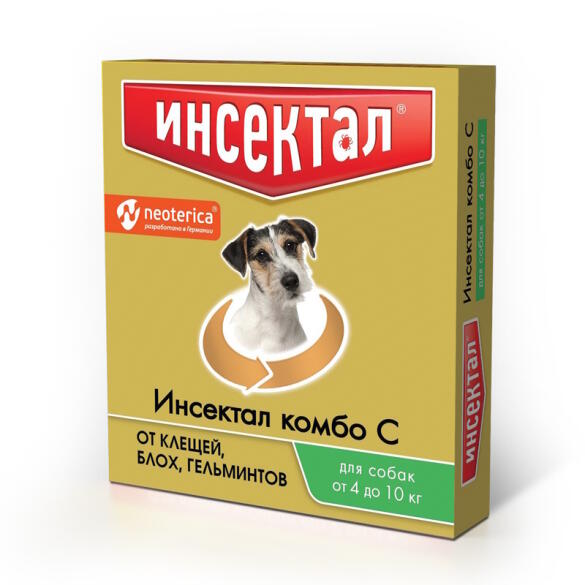 Капли на холку Инсектал Комбо от клещей, блох и глистов для собак 4-10кг, 1шт