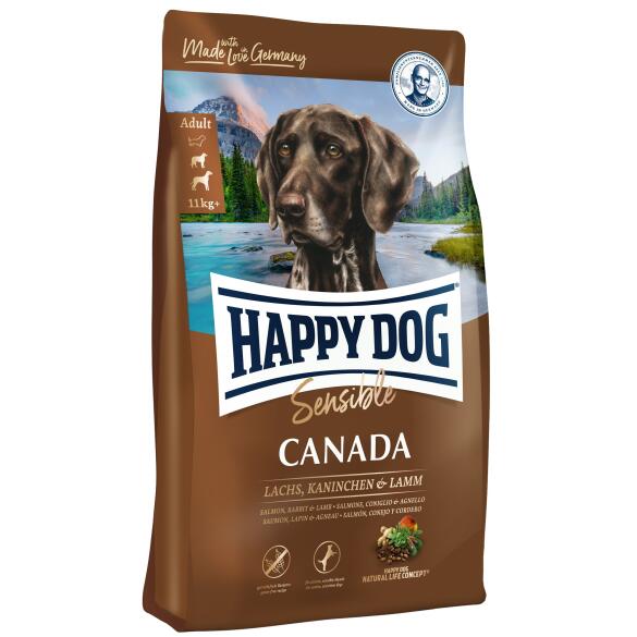 11кг Корм Happy Dog Sensible Canada 25/14 беззерновой, высококалорийный, гипоаллергенный для щенков и взрослых собак средних и крупных пород с чувствительным пищеварением с Лососем, кроликом и ягнёнком