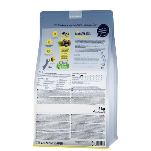 4кг Корм Happy Cat Culinary 1+ years Land Geflugel 33/15 для взрослых кошек с нежной Птицей свободного выгула, сочной черникой и ароматным одуванчиком