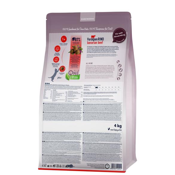 4кг Корм Happy Cat Steril Voralpen-Rind 37/10,5 для кастрированных котов и стерилизованных кошек с мясом баварской Говядины и птицы