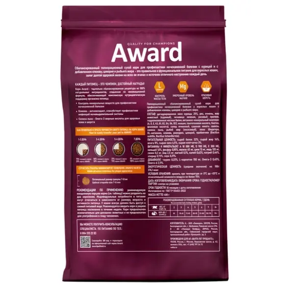1+1 0,4кг Корм Award Urinary для взрослых кошек для профилактики мочекаменной болезни с Курицей с добавлением клюквы, цикория и рыбьего жира