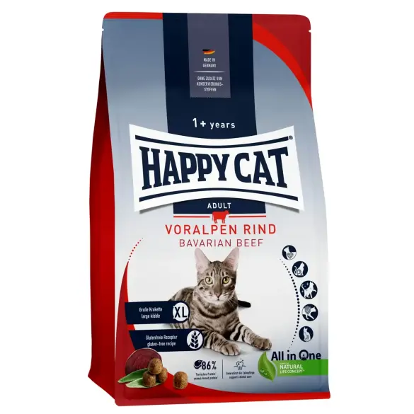 10кг Корм Happy Cat Steril Voralpen-Rind 37/10,5 для кастрированных котов и стерилизованных кошек с мясом баварской Говядины и птицы