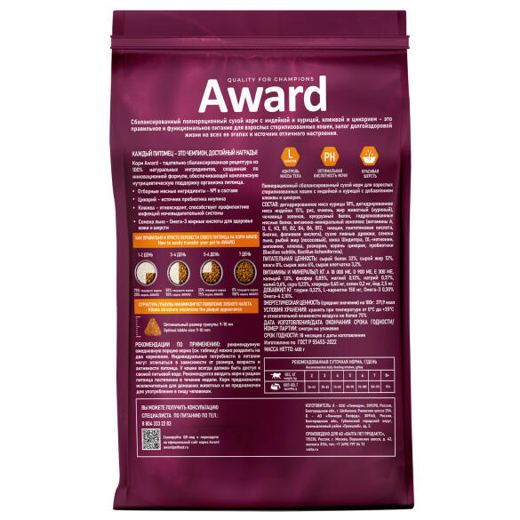 1+1 0,4кг Корм Award Sterilized для взрослых стерилизованных кошек с Индейкой и Курицей с добавлением клюквы и цикория