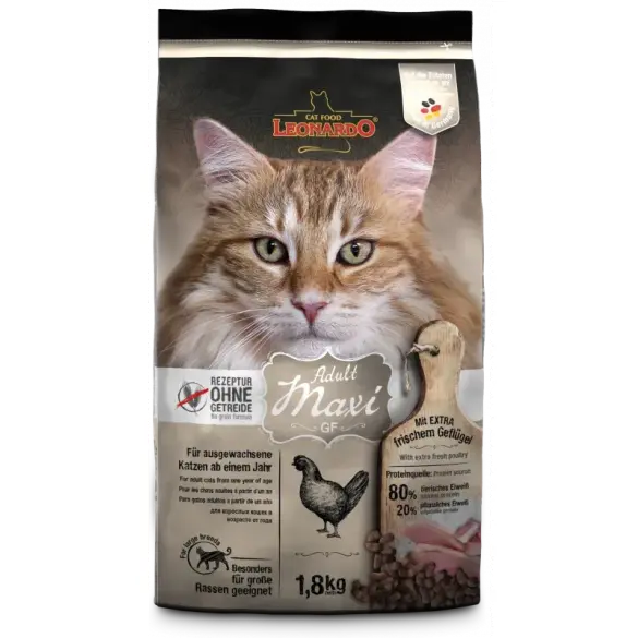 1,8кг Корм Leonardo Adult GF Maxi беззерновой для взрослых кошек крупных пород из мяса Птицы