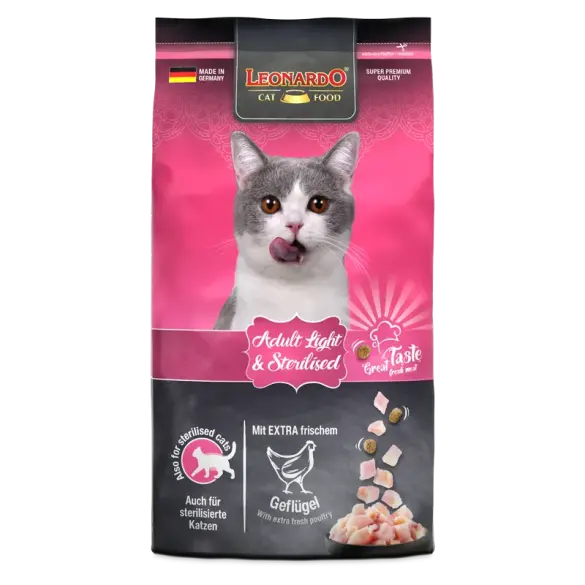 1,8кг Корм Leonardo Adult Light & Sterilised для взрослых стерилизованных кошек и кастрированных котов от года, склонных к полноте из мяса Птицы
