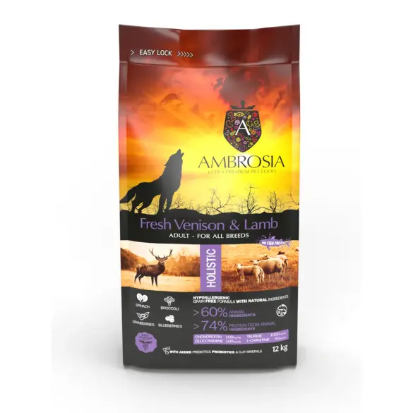 12кг Корм сухой холистик "AMBROSIA GRAIN FREE" для собак всех пород, Оленина, Ягненок