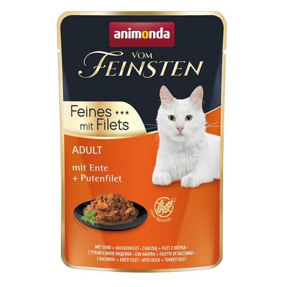 85гр Консервы Vom Feinsten Adult Filet для взрослых кошек с уткой и филе индейки, кусочки в соусе (пауч)