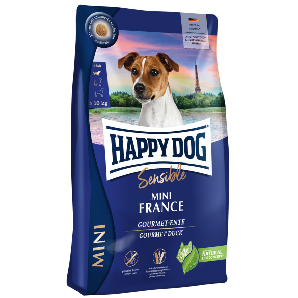 4кг Корм Happy Dog Mini France 24/12 беззерновой для взрослых собак мелких пород с чуствительным пищеварением с Уткой и картофелем
