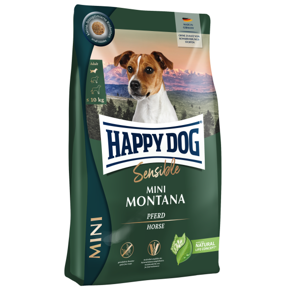 4кг Корм Happy Dog Mini Montana 24/12 беззерновй для взрослых собак мелких пород с чуствительным пищеварением с Кониной и картофелем
