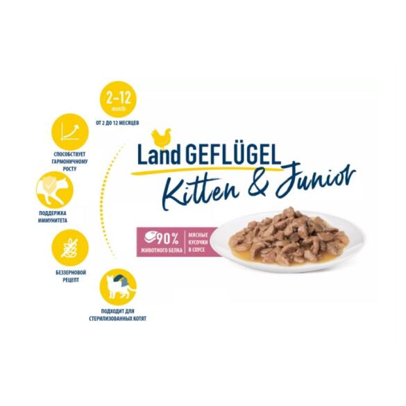 85гр Корм влажный Happy Cat Kitten&Junior LandGeflügel для котят мясные кусочки в соусе из фермерской птицы