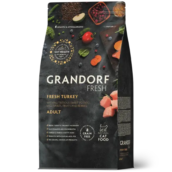 2кг Корм GRANDORF CAT Fresh Turkey&Sweet Potato Adult Sterilised беззерновой гипоаллергенный для взрослых стерилизованных кошек, Индейка с Батато