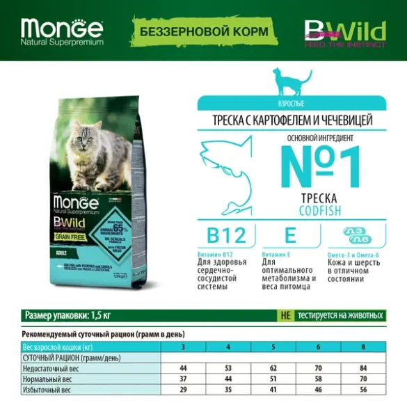 Корм в развес Monge Cat Bwild Grain Free Adult CodFish/Potatoes беззерновой для взрослых кошек с Треской и картофелем, 1кг