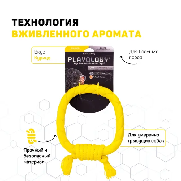 Игрушка Playology жевательный канат DRI-TECH ROPE для собак с ароматом курицы, средний, желтый