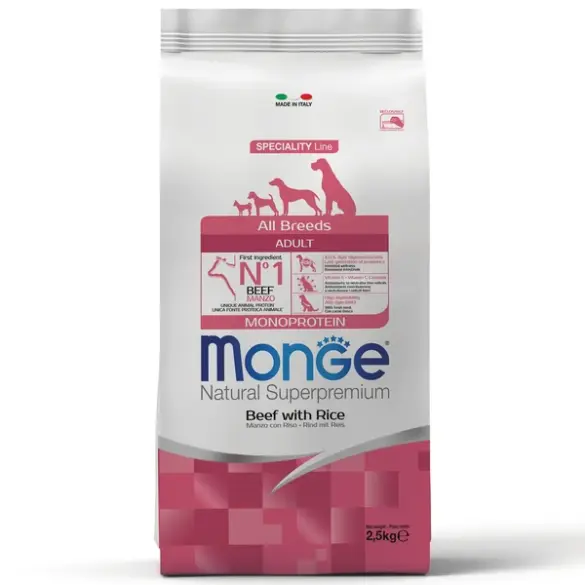 2,5кг Корм Monge Dog Monoprotein Adult Beef/Rice для взрослых собак всех пород c Говядиной и рисом