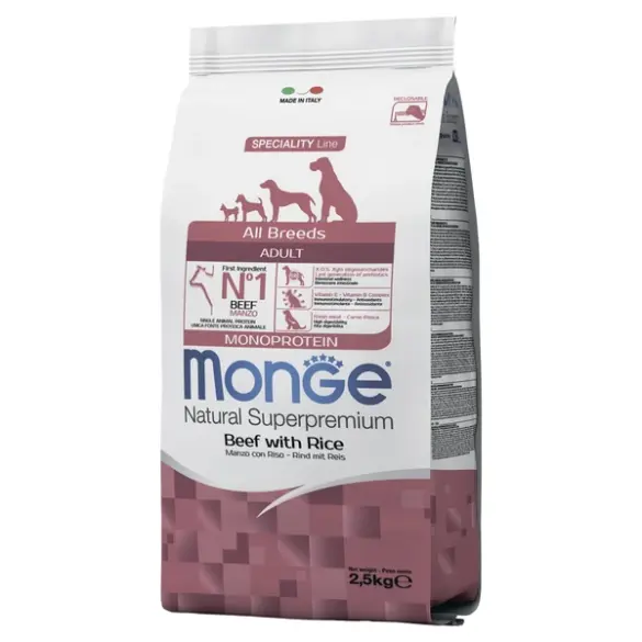 2,5кг Корм Monge Dog Monoprotein Adult Beef/Rice для взрослых собак всех пород c Говядиной и рисом