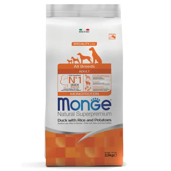 2,5кг Корм Monge Dog SP Monoprotein Adult Duck/Rice для взрослых собак всех пород с Уткой и рисом