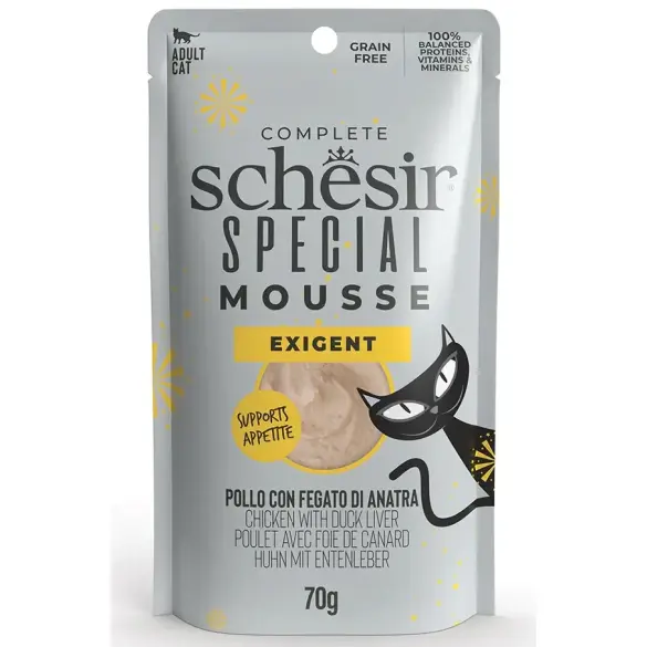 70гр Корм влажный Schesir Special Exigent для кошек Курица и Утиная печень