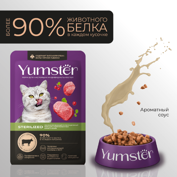 85гр Корм Yumster для стерилизованных кошек мясные кусочки с Говядиной и Брусникой в соусе