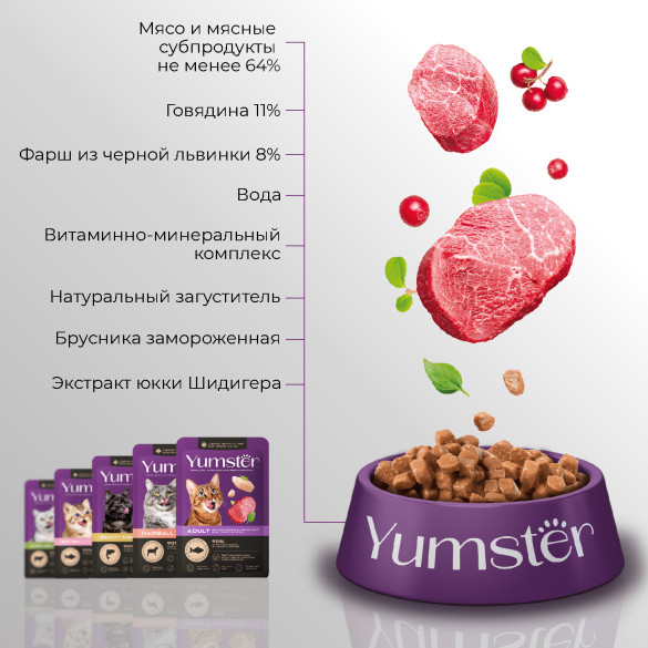 85гр Корм Yumster для стерилизованных кошек мясные кусочки с Говядиной и Брусникой в соусе