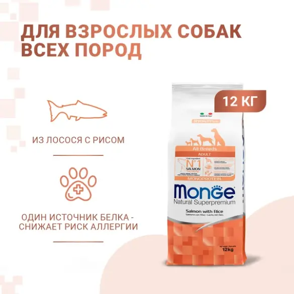 12кг Корм Monge Dog SP Monoprotein Adult Salmon/Rice для взрослых собак всех пород с Лососем и рисом