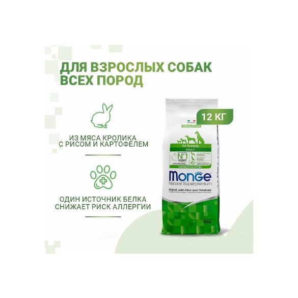 12кг Корм Monge Dog SP Monoprotein Adult Rabbit/Rice для взрослых собак всех пород с Кроликом и рисом