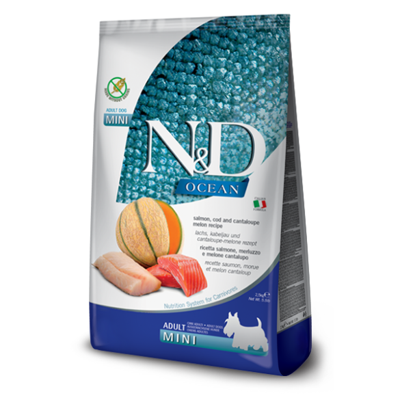 2,5кг Корм Farmina N&D Ocean Dog Salmon, Codfish & Cantaloupe Melon Adult Mini беззерновой для взрослых собак мелких пород с Лососем, треской и дыней