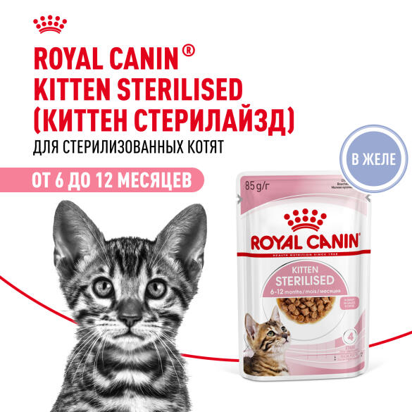 85гр Влажный корм ROYAL CANIN Kitten Sterilised для стерилизованных котят с 6 до 12 месяцев, в желе (пауч)