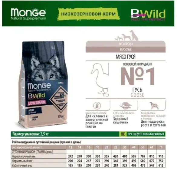 15кг Корм Monge Dog BWild Low Grain Adult Goose низкозерновой для собак всех пород с Гусем