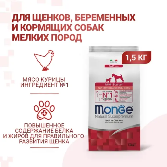 1,5кг Корм Monge Dog Mini Starter для щенков с начала прикорма, беременных и кормящих собак мелких пород