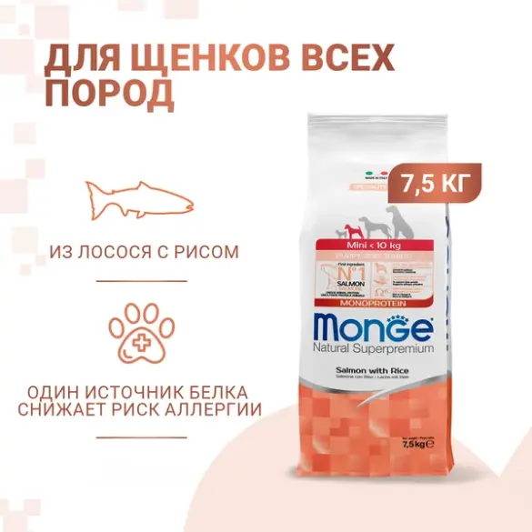 7,5кг Корм Monge Dog Monoprotein Mini Puppy&Junior Salmon/Rice для щенков мелких пород с Лососем и рисом