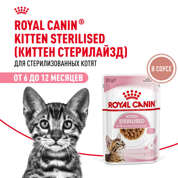 85гр Влажный корм ROYAL CANIN Kitten Sterilised для стерилизованных котят с 6 до 12 месяцев, в соусе (пауч)