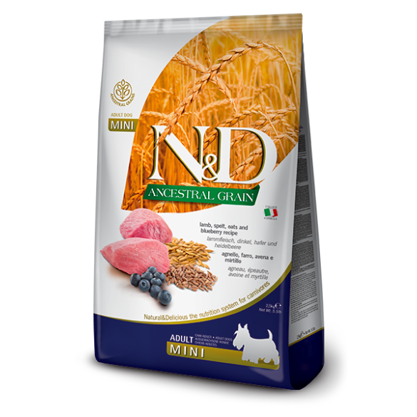 0,8кг Корм Farmina N&D Ancestral Grain Dog Lamb & Blueberry Adult Mini низкозерновойдля взрослых собак мелких пород с Ягненком и черникой