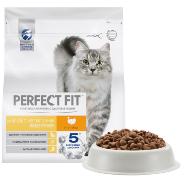650гр Корм Perfect Fit для взрослых кошек с чувствительным пищеварением Индейка