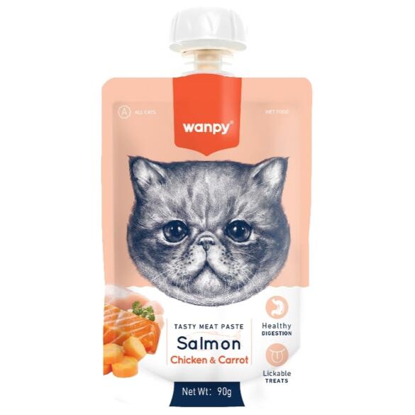 90гр Лакомство WANPY Cat для кошек мясной мусс из Лосося и курицы с морковью