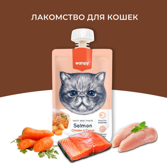 90гр Лакомство WANPY Cat для кошек мясной мусс из Лосося и курицы с морковью